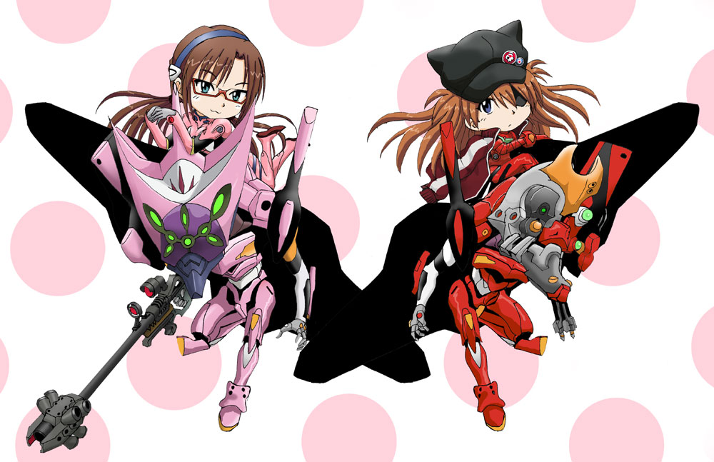 2girls, :3, akiran_(r32), animal_hat, beam_rifle, blue_eyes, bodysuit, brown_hair