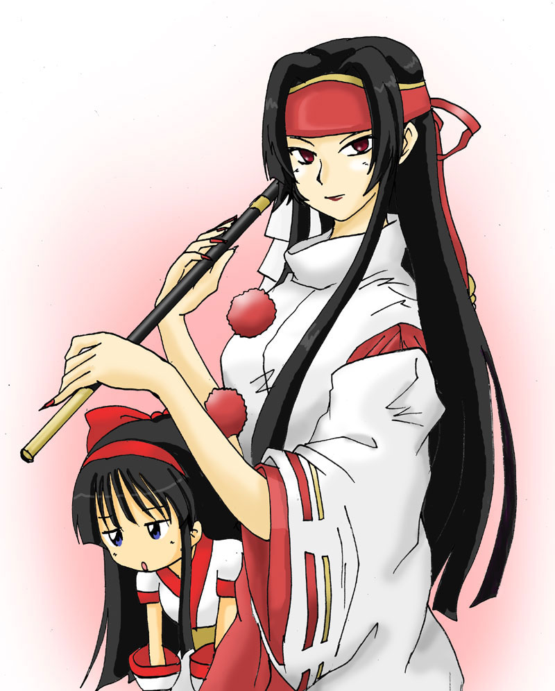 2girls, ainu_clothes, akiran_(r32), black_hair, blue_eyes, fingernails, gohei, hairband, headband, japanese_clothes, long_hair, miko, multiple_girls, nail_polish, nakoruru, payot, rashoujin_mizuki, red_eyes, samurai_spirits, sharp_fingernails, wide_sleeves