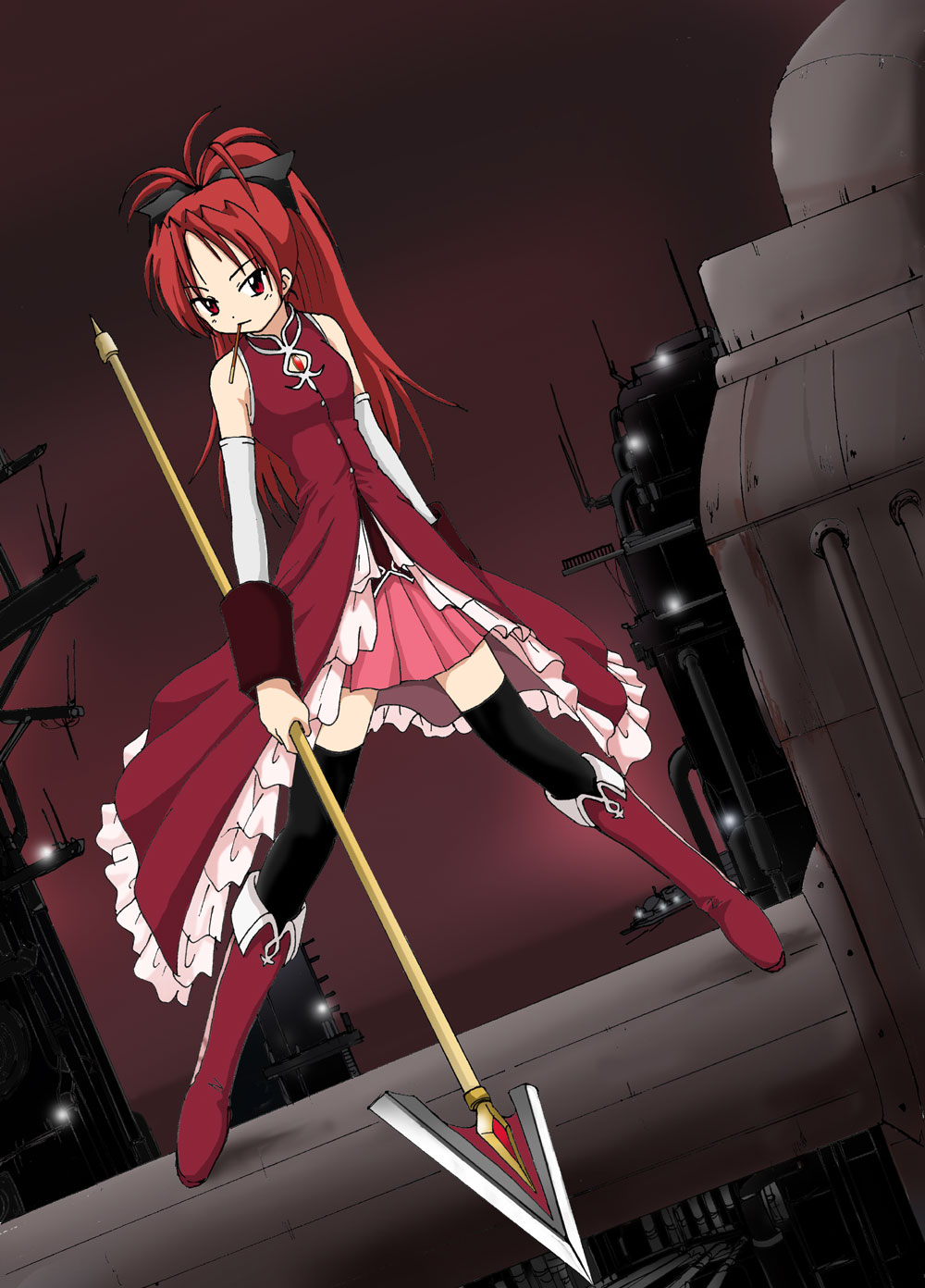 1girl, akiran_(r32), bare_shoulders, black_legwear, boots, detached_sleeves, dutch_angle, highres