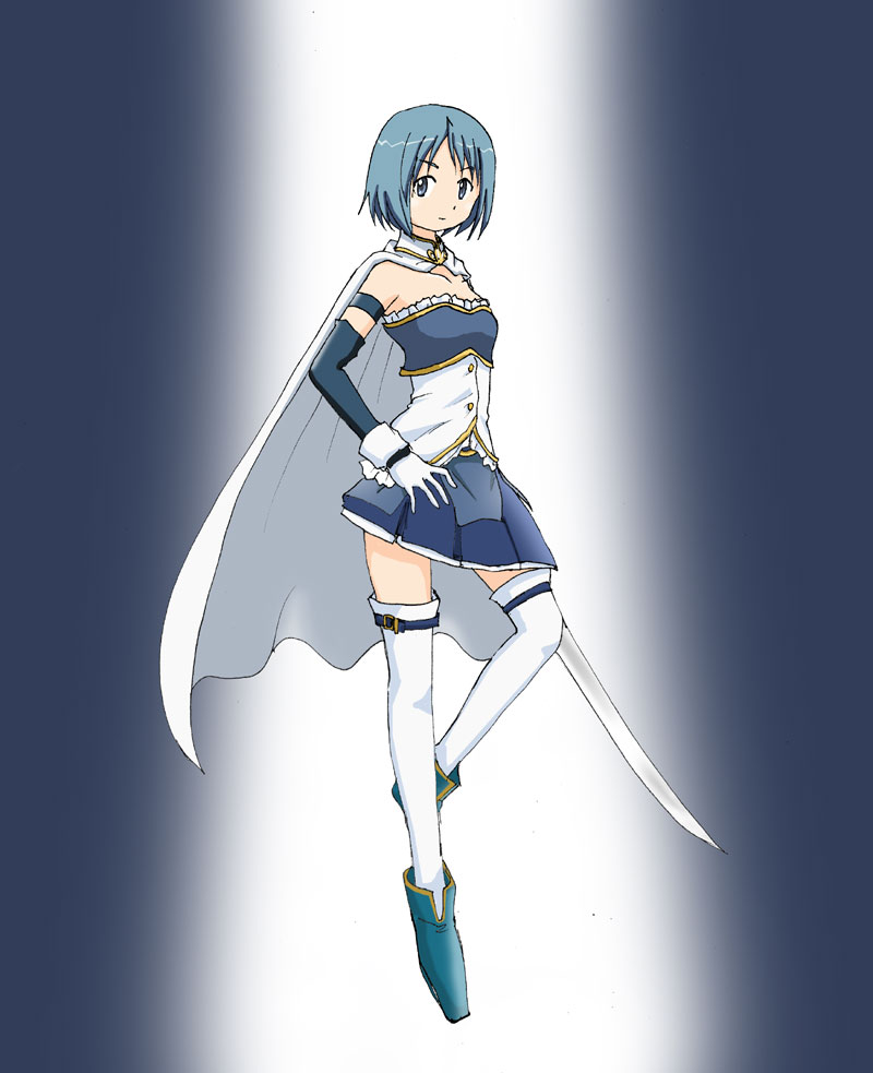 1girl, akiran_(r32), ankle_boots, bangs, blue_eyes, blue_hair, boots, cape
