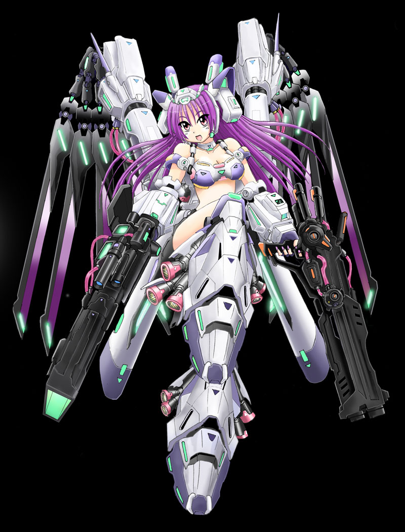 1girl, akiran_(r32), beam_rifle, breasts, cleavage, dual_wielding, energy_gun, headgear, huge_weapon, mecha_musume, mechanical_wings, midriff, nail_polish, neon_trim, original, purple_hair, purple_nails, red_eyes, solo, thrusters, weapon, wings