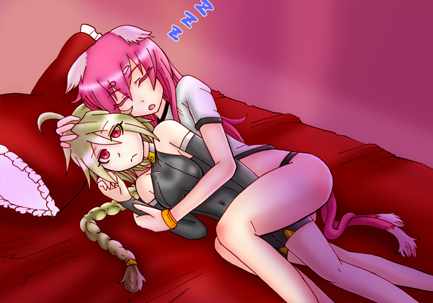 2girls, :<, ahoge, animal_ears, ayu_minori, barefoot, blazblue, blonde_hair