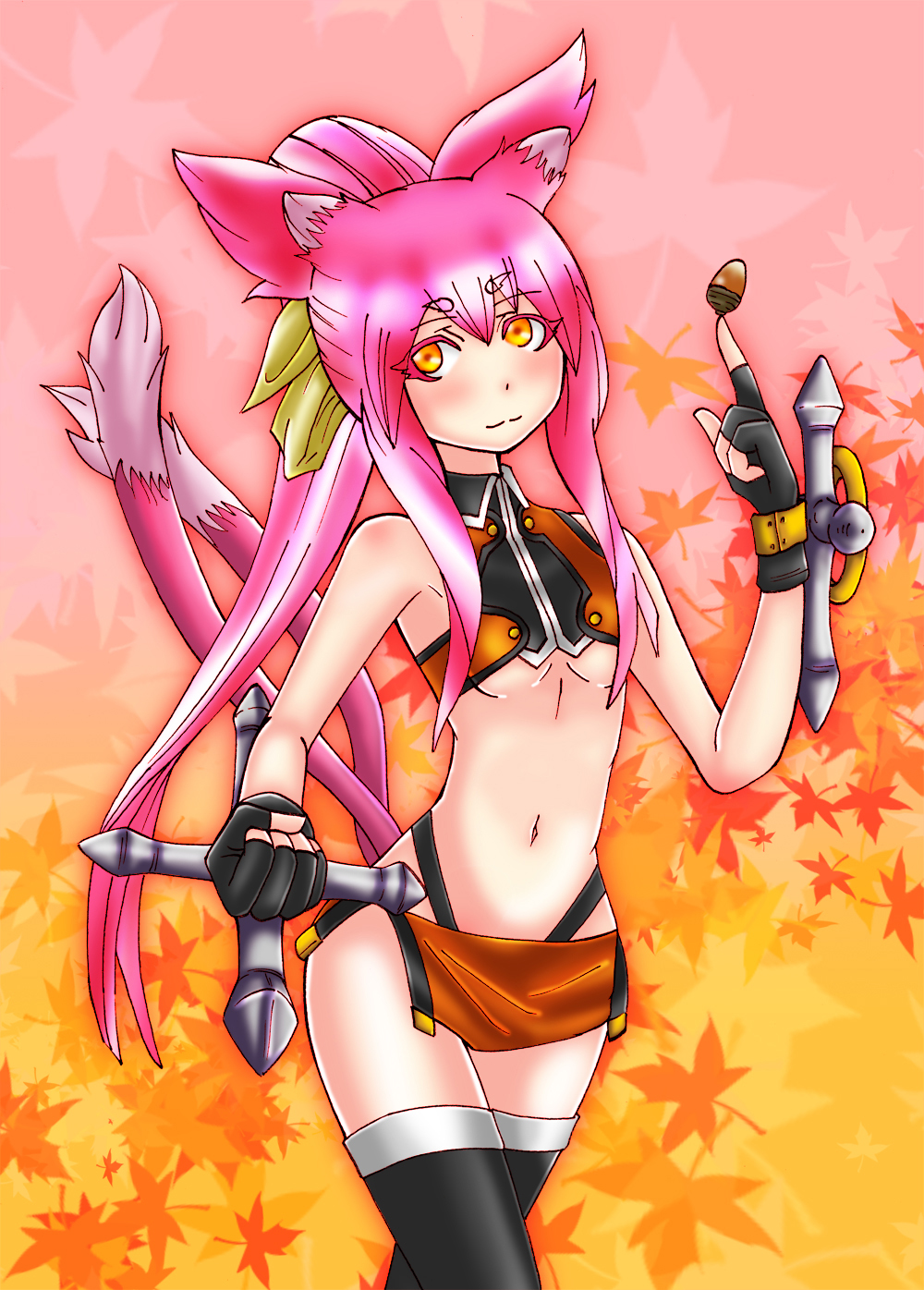 1girl, animal_ears, ayu_minori, balancing, black_legwear, black_panties, blazblue, breasts
