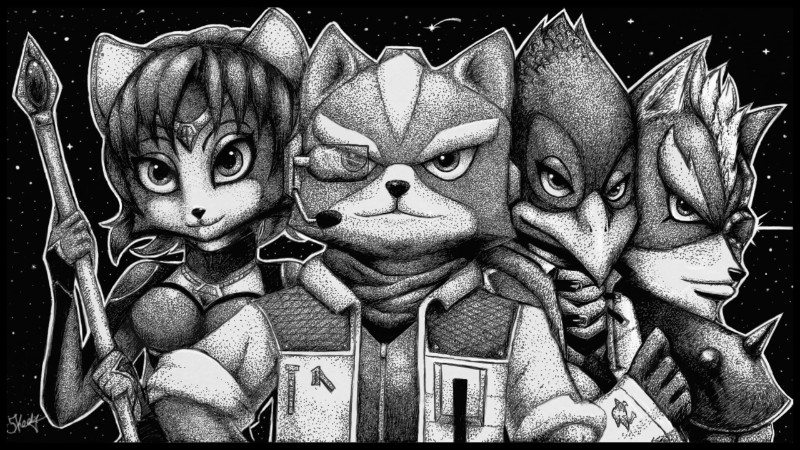1girl, 3boys, falco_lombardi, fox_mccloud, krystal, miiverse, nintendo, space