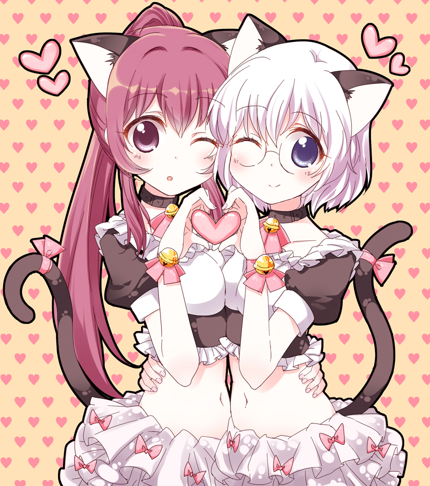 2girls, animal_ears, bell, bell_collar, blue_eyes, cat_ears, cat_tail, collar