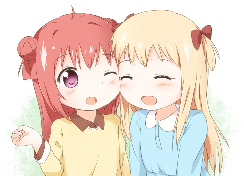 2girls, :d, ^_^, ahoge, akaza_akari, araki495, blonde_hair, bow