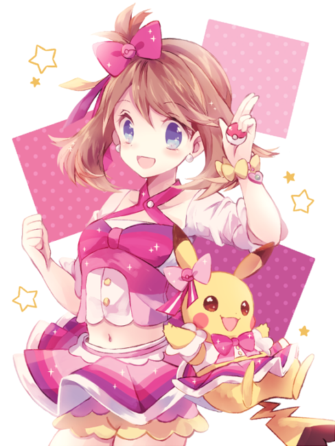 1girl, alternate_costume, blue_eyes, bow, bracelet, brown_hair, cosplay_pikachu, earrings
