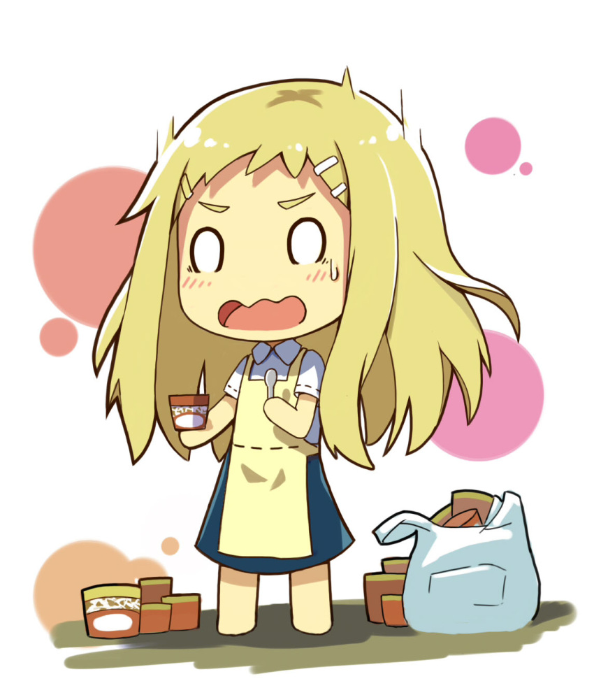0_0, 1girl, apron, blonde_hair, chibi, denki-gai_no_hon'ya-san, food, hair_ornament