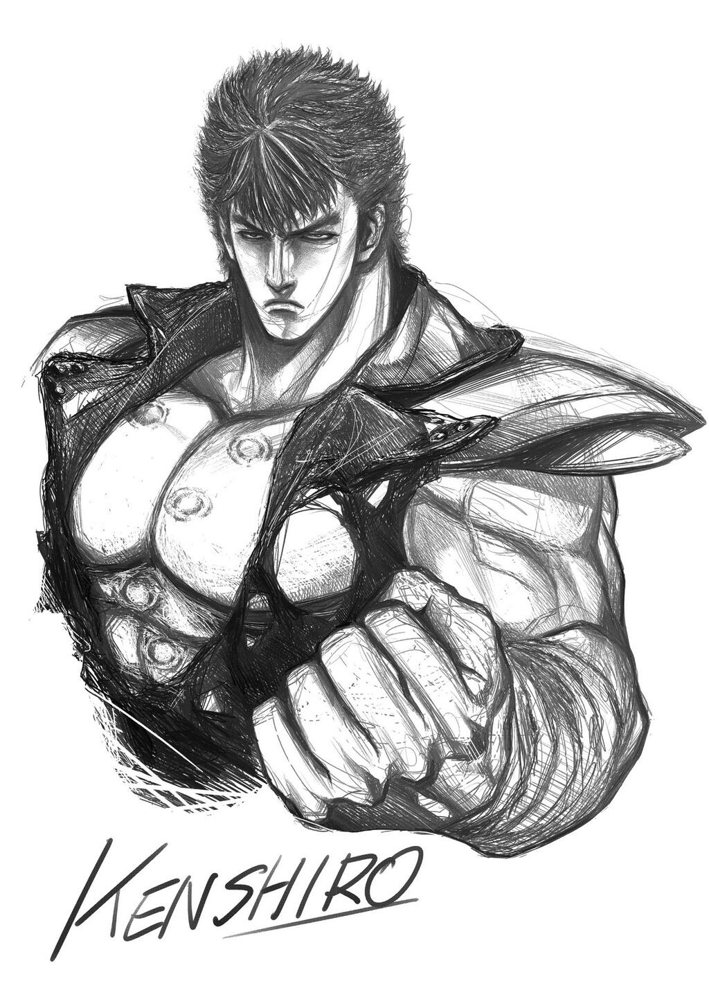 1boy, character_name, eyebrows, graphite_(medium), greyscale, highres, hokuto_no_ken, kenshirou