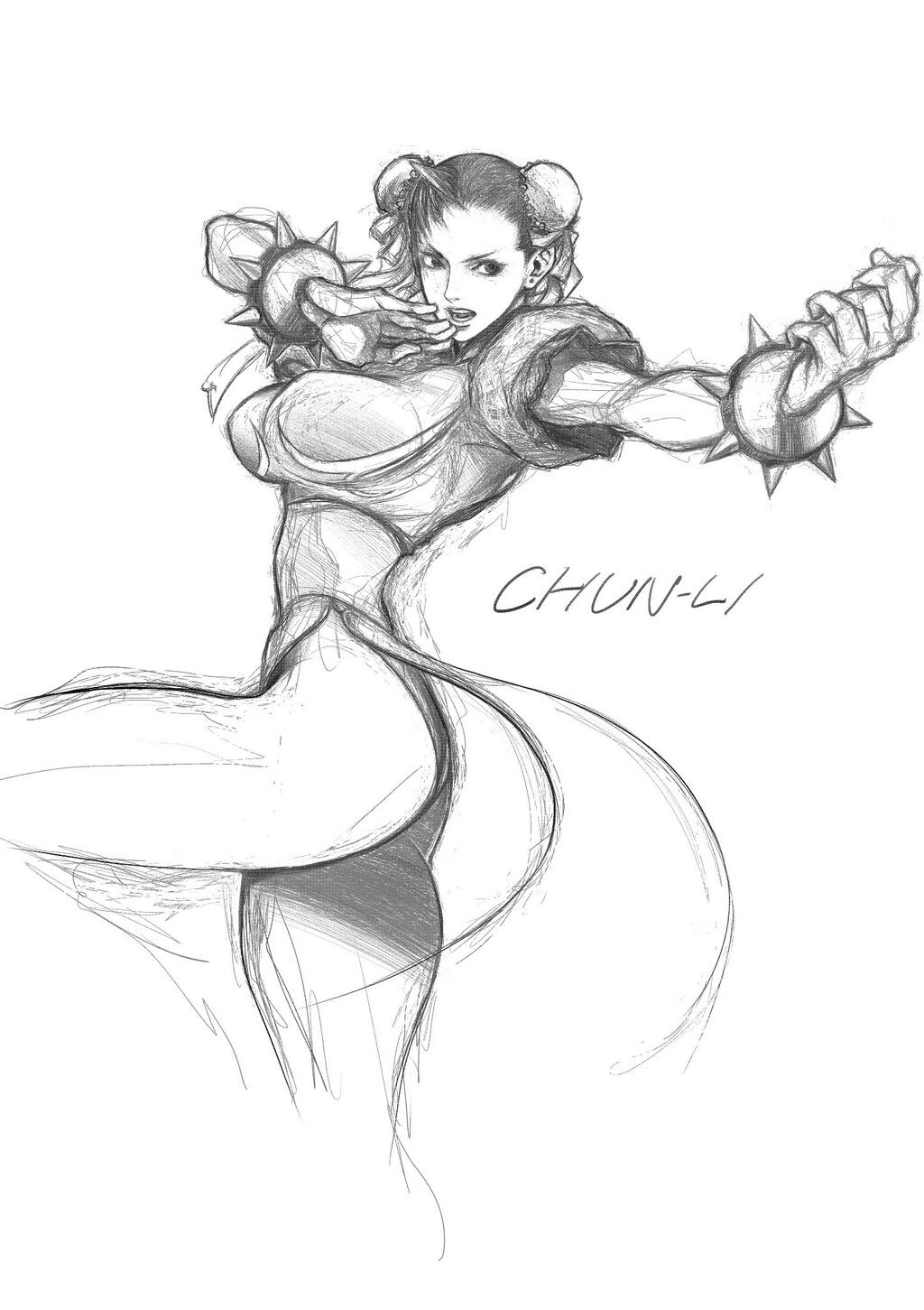 1girl, bracelet, breasts, bun_cover, character_name, china_dress, chinese_clothes, chun-li, cropped_legs, double_bun, fighting_stance, graphite_(medium), highres, jewelry, large_breasts, short_hair, sketch, solo, spiked_bracelet, spikes, street_fighter, thick_thighs, thighs, traditional_media, yoshihara_motoki