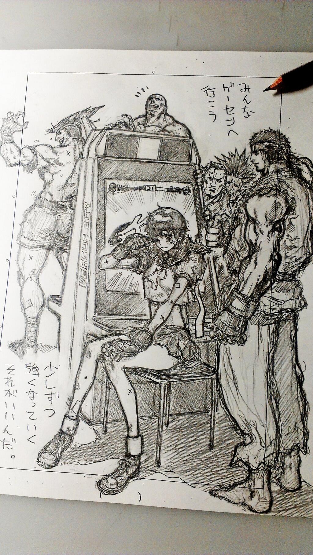 1girl, 5boys, adon_(street_fighter), arcade_cabinet, blanka, crying, graphite_(medium), hibiki_dan