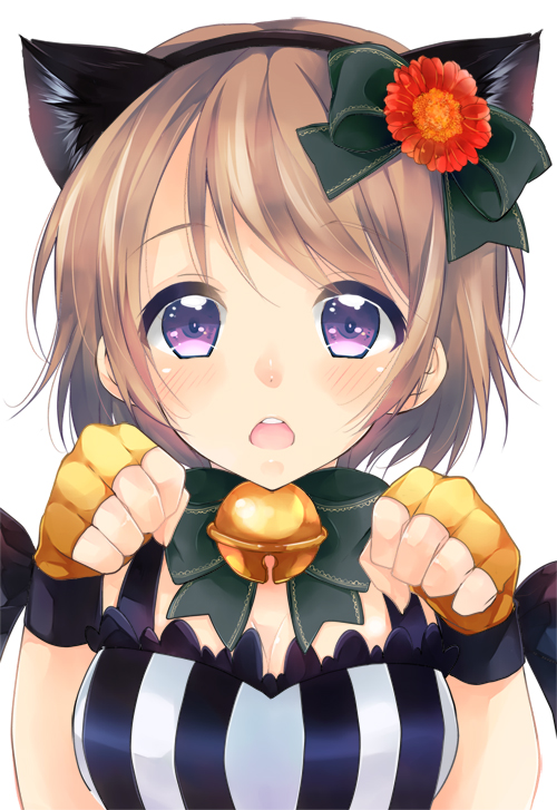 1girl, animal_ears, bell, bow, breasts, brown_hair, cat_ears, cleavage, fingerless_gloves, flower, gloves, hair_bow, hair_flower, hair_ornament, hairband, koizumi_hanayo, looking_at_viewer, love_live!_school_idol_project, open_mouth, paw_pose, peke_(xoxopeke), short_hair, solo, violet_eyes
