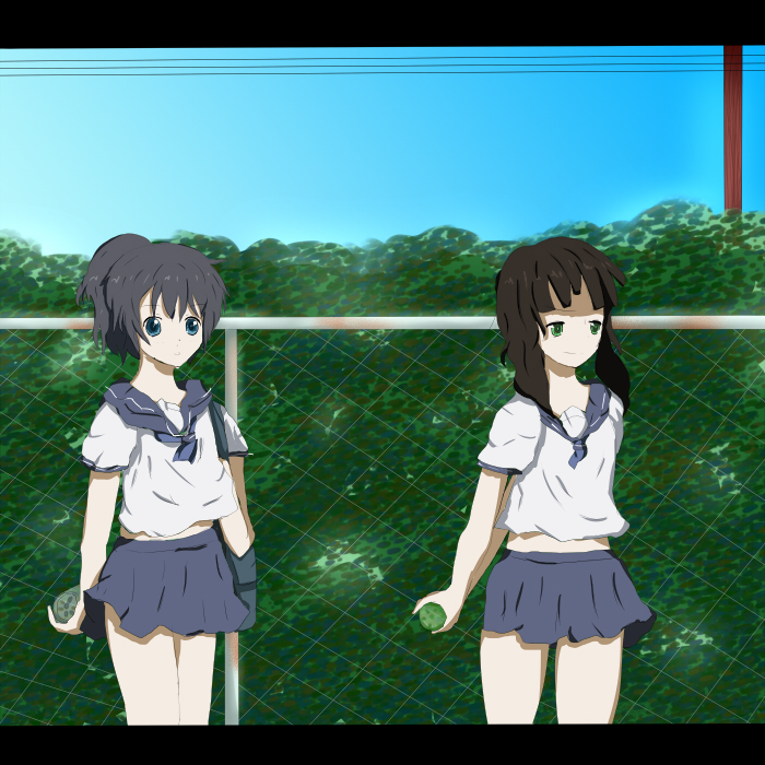 black_hair, black_rock_shooter, black_rock_shooter_(character), blue_eyes, bottle, brown_hair, brs, dead_master, dm, green_eyes, ryo, sailor_fuku, school, serafuku, skirt, socks, super_cell, supercell, trees