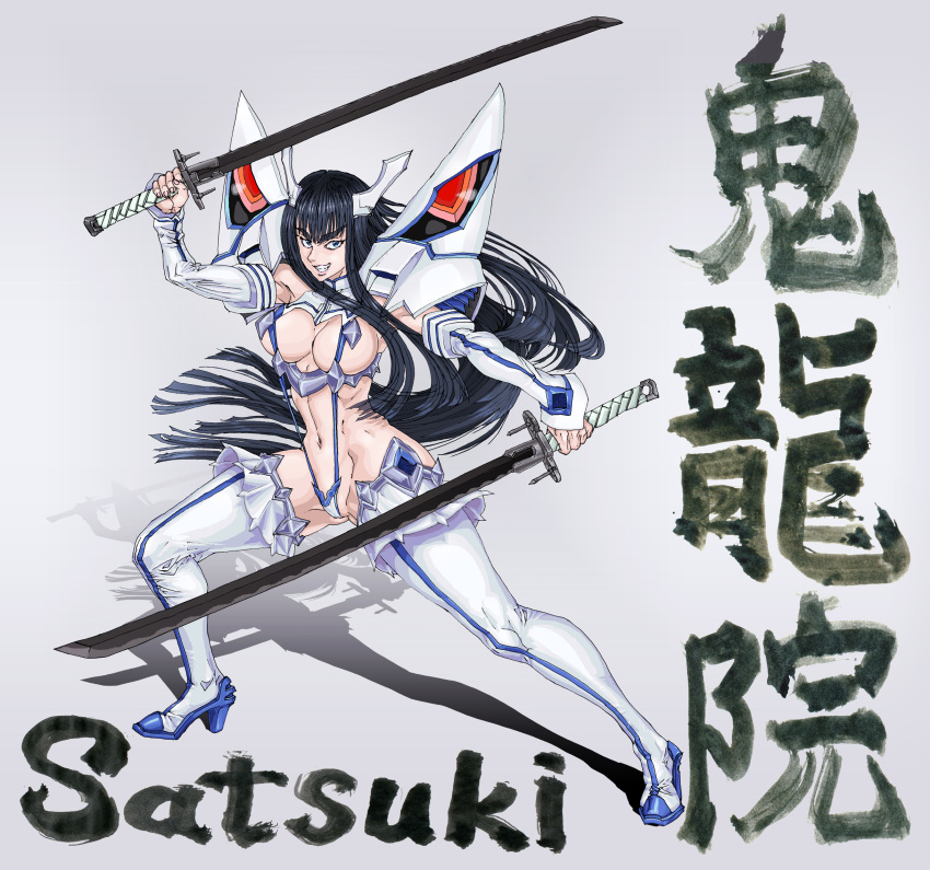 1girl, black_hair, blue_eyes, boots, breasts, cleavage, cleavage_cutout, detached_sleeves, dual_wielding, highres, kill_la_kill, kiryuuin_satsuki, large_breasts, long_hair, nanba_tamashii, revealing_clothes, sideboob, solo, thigh-highs, thigh_boots