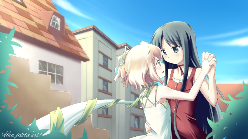 2girls, angelina_rocca, bare_shoulders, belle_(katahane), black_hair, blonde_hair, blue_eyes, building
