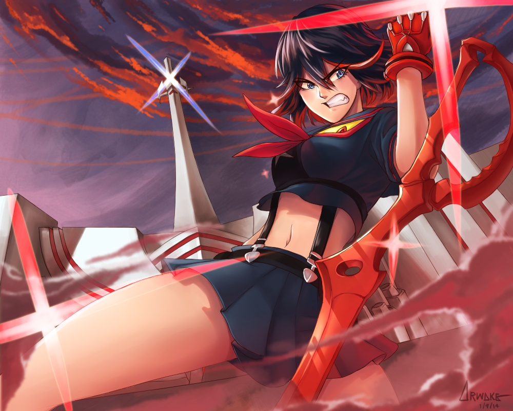 1girl, arnat_chintanont, artist_name, bared_teeth, black_hair, blue_eyes, breasts, dated