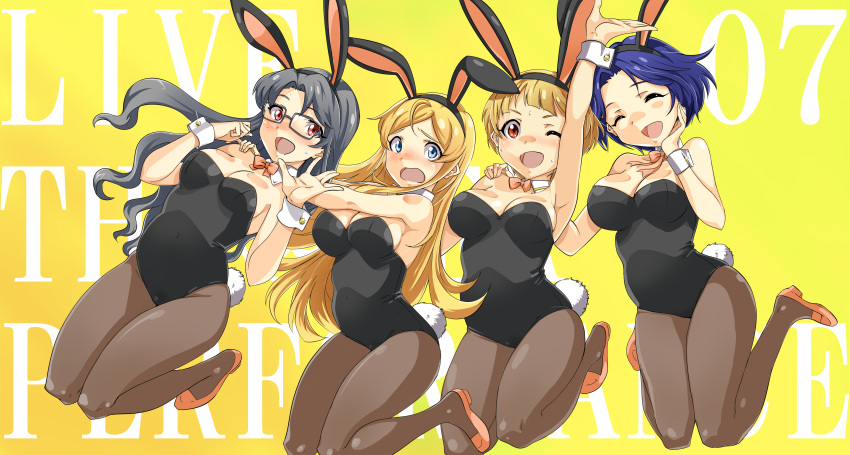 4girls, absurdres, animal_ears, black_hair, blonde_hair, blue_eyes, blue_hair, bowtie
