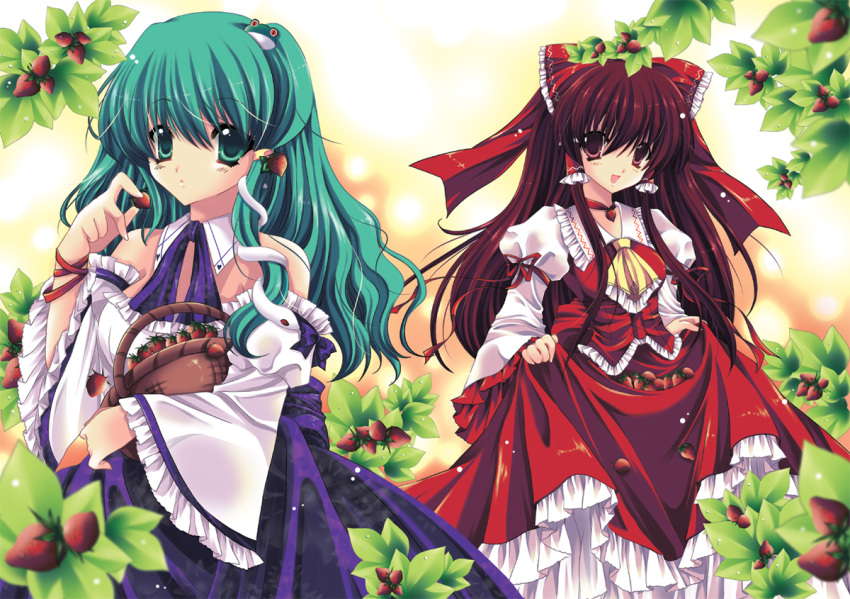 blush, brown_hair, byruu, food, fruit, green_eyes, green_hair, hakurei_reimu