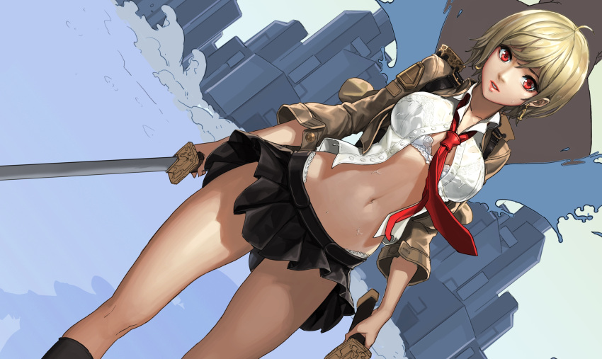 1girl, absurdres, blonde_hair, bra, character_request, cherrylich, dual_wielding, earrings