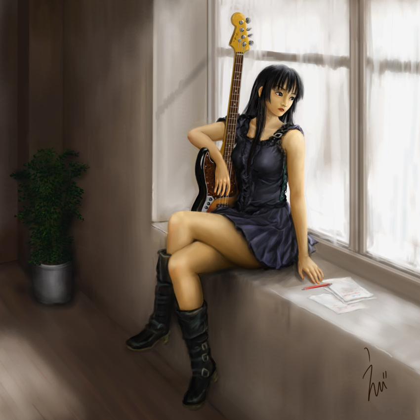 1girl, akiyama_mio, breasts, collarbone, crossed_legs, curtains, dress, ebi_(eeotoko)