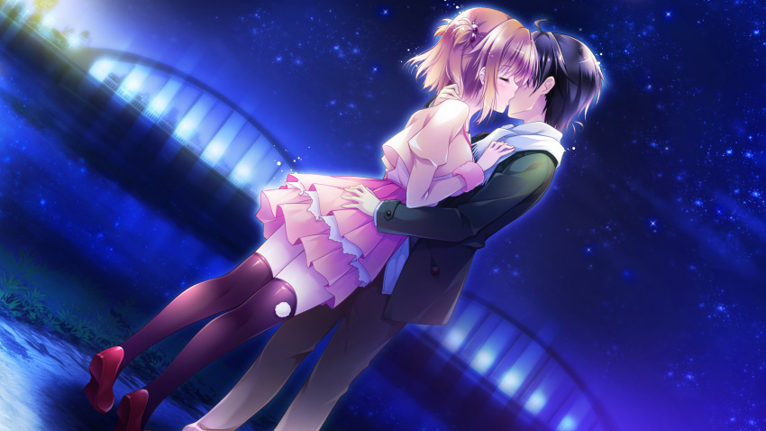 1boy, 1girl, black_hair, black_legwear, bridge, brown_hair, closed_eyes, coat