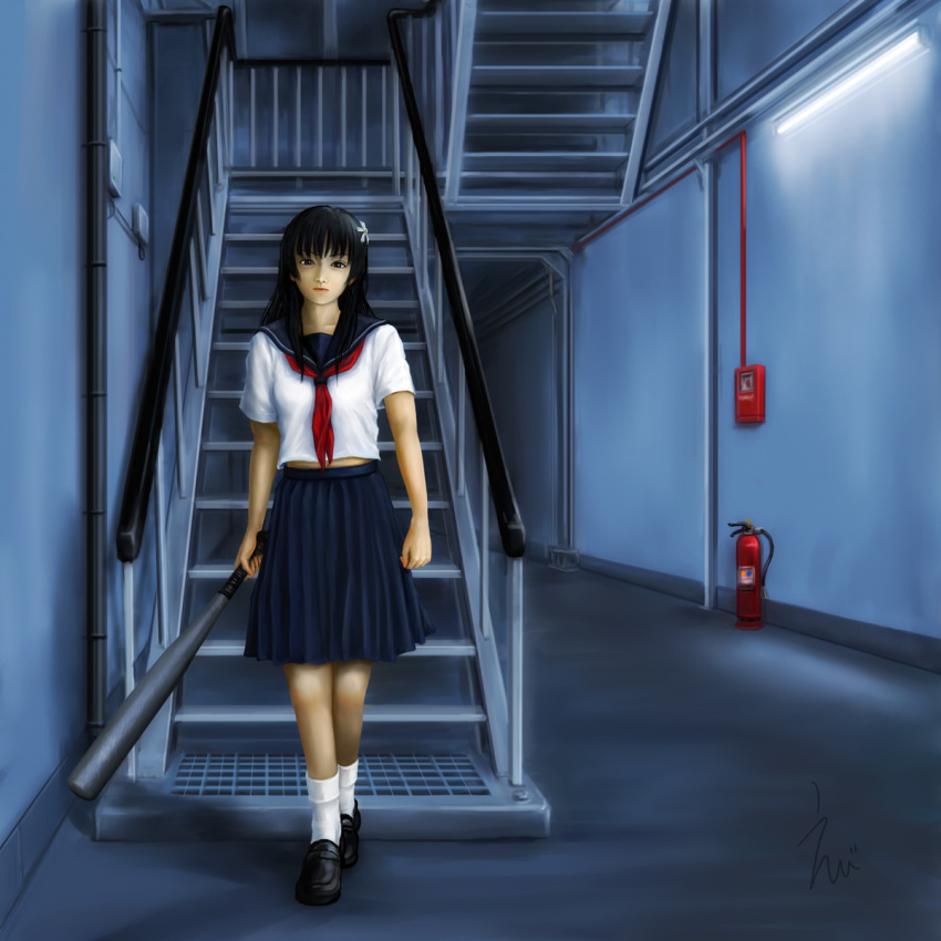 1girl, baseball_bat, black_hair, ebi_(eeotoko), fire_alarm, fire_extinguisher, hair_ornament, hairclip