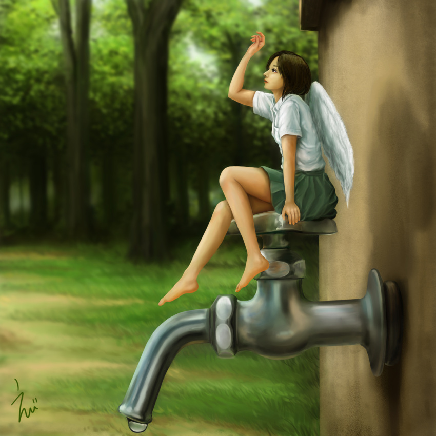1girl, barefoot, brown_hair, ebi_(eeotoko), fairy, faucet, feathers, grass