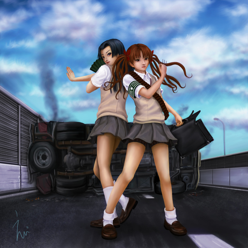 2girls, armband, bandolier, black_hair, ebi_(eeotoko), fan, hair_ribbon, highres