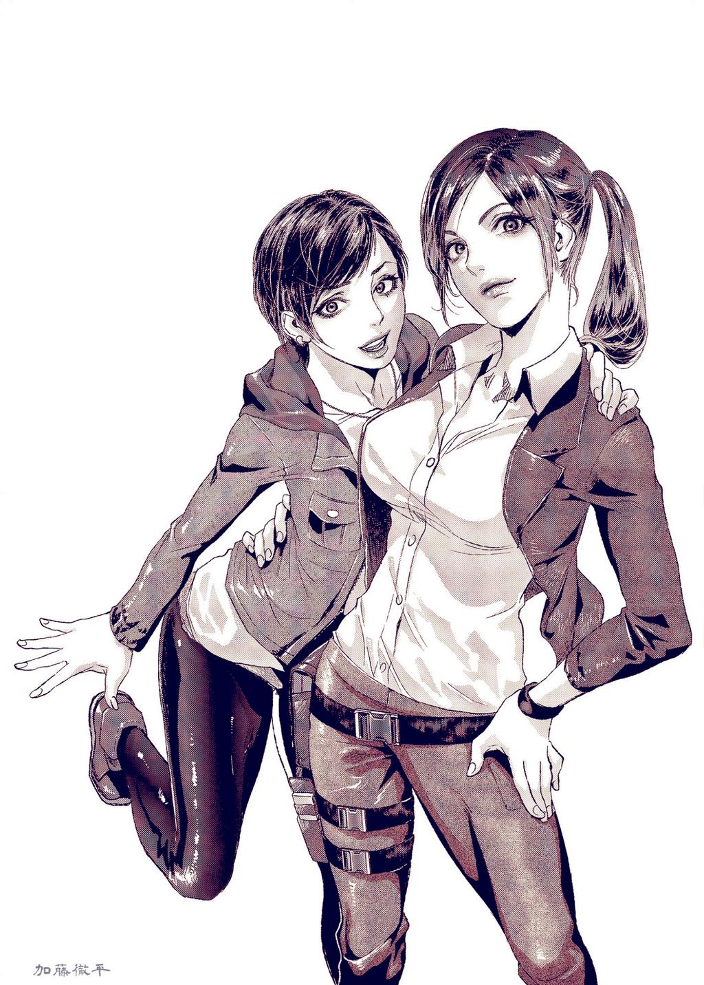 2girls, arm_around_shoulder, arm_around_waist, belt, casual, claire_redfield, dress_shirt, earrings