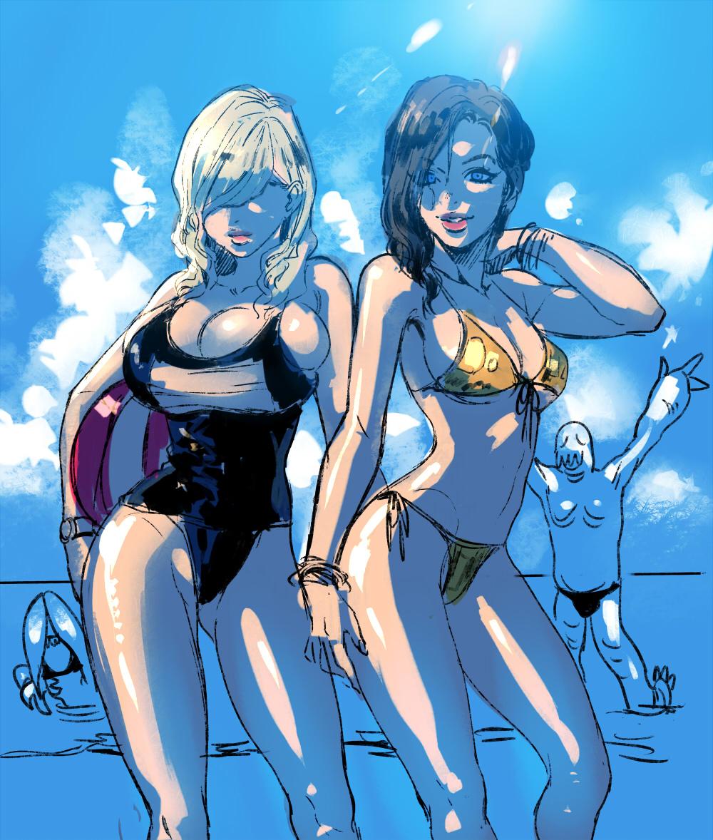2girls, ball, beach, beachball, bikini, blonde_hair, blue_background, bracelet, breasts, hair_over_eyes, jessica_sherawat, jewelry, katou_teppei, large_breasts, lens_flare, lips, monster, multiple_girls, ocean, rachael_foley, resident_evil, resident_evil_revelations, school_swimsuit, swimsuit, watch