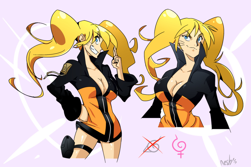 1girl, blonde_hair, breasts, cleavage, grin, high_collar, highres, kill_la_kill, large_breasts, naruko, naruto, parody, saffronsaur, smile, solo, style_parody, sweater_dress, twintails, uzumaki_naruto, whiskers