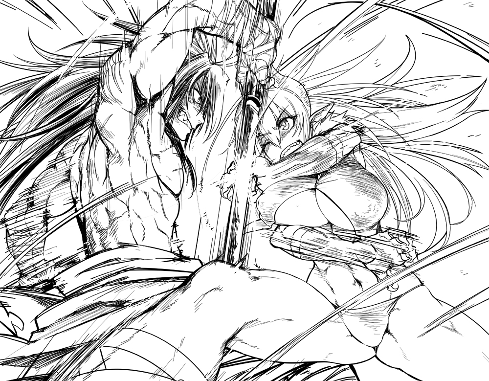 1boy, 1girl, battle, borrowed_character, breasts, clenched_teeth, elbow_gloves, gloves