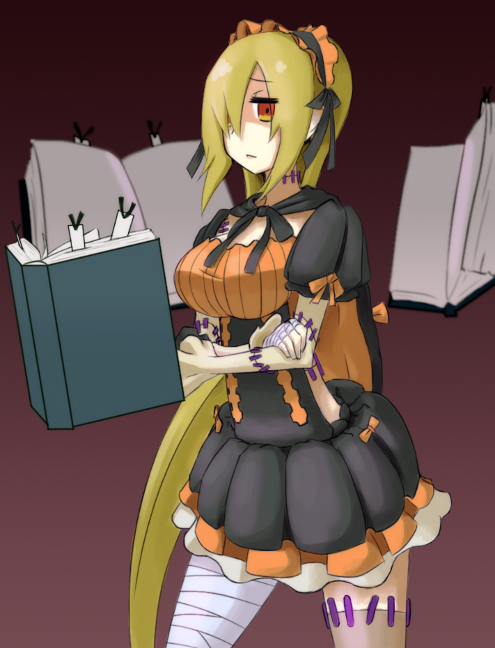 1girl, bandages, black_skirt, blonde_hair, book, bubble_skirt, crossed_arms, expressionless