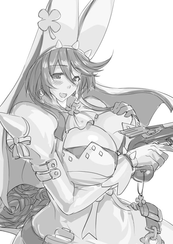 1girl, blush, breast_lift, breasts, cleavage, dress, earrings, elphelt, gloves, greyscale, guilty_gear, gun, hat, huge_breasts, jewelry, long_hair, m_hito, monochrome, solo, trigger_discipline, veil, weapon