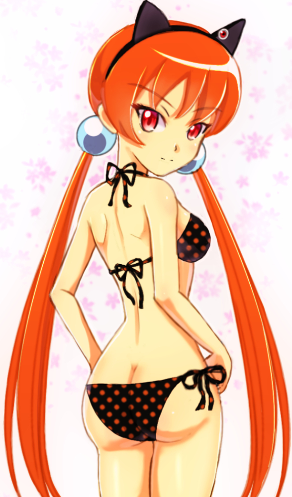1girl, alisa_southerncross, animal_ears, ass, bikini, butt_crack, cat_ears, cowboy_shot
