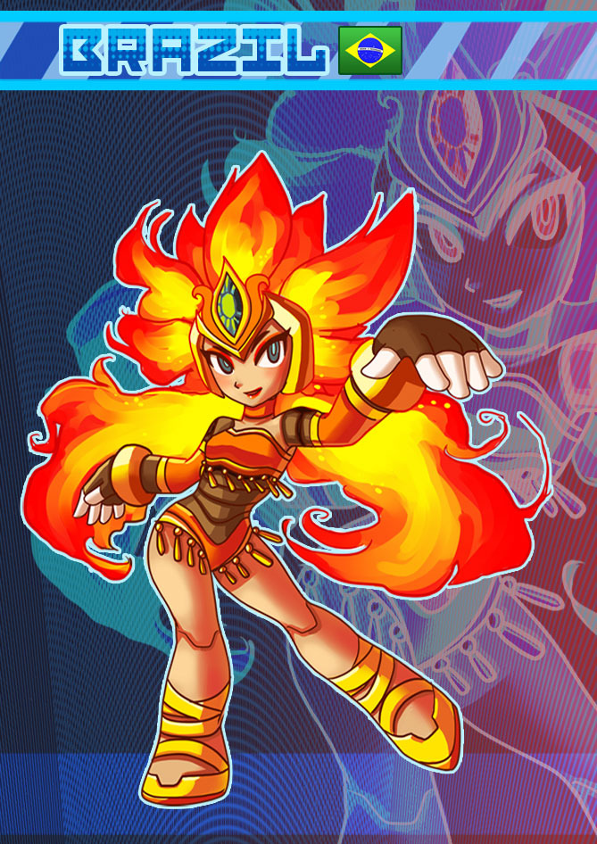 1girl, brazil, contrapposto, fingerless_gloves, fire, flaming_hair, forehead_jewel, gloves, mighty_no._9, original, pontata, robot, robot_joints, solo
