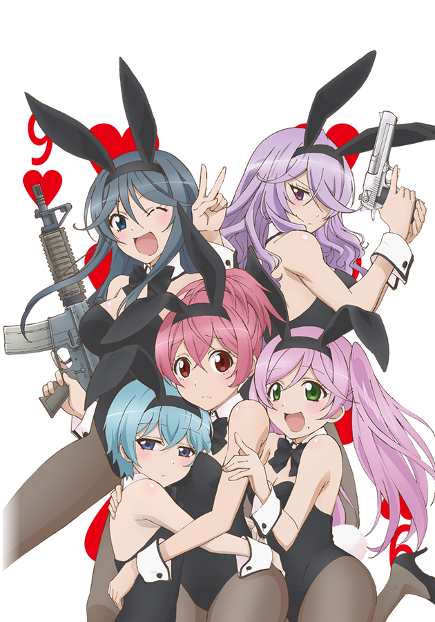 >:), 5girls, :d, ;d, animal_ears, aqua_hair, black_hair, black_legwear