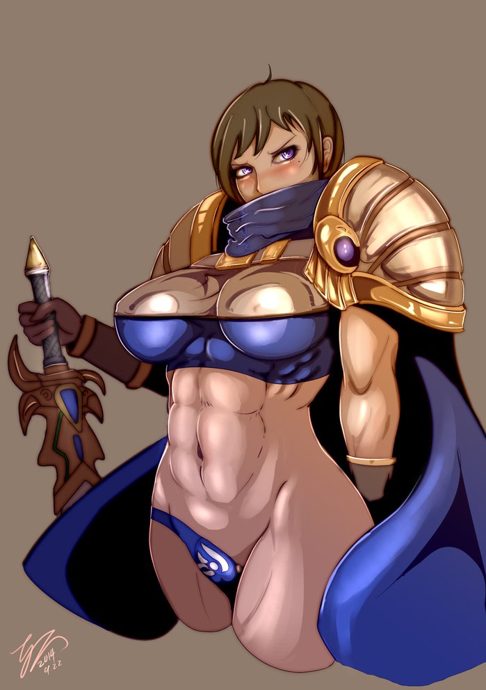 1girl, abs, blush, breasts, brown_background, brown_hair, cape, dated, garen_crownguard, genderswap, gloves, keikihei, league_of_legends, mole, muscle, navel, short_hair, shoulder_pads, signature, simple_background, solo, sword, violet_eyes, weapon
