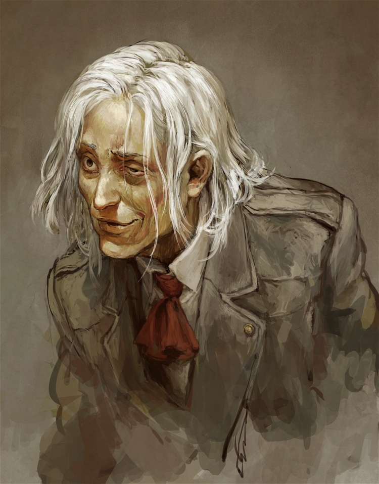 1boy, brown_background, bust, duexduex, grey_eyes, long_hair, mado_kureo, necktie