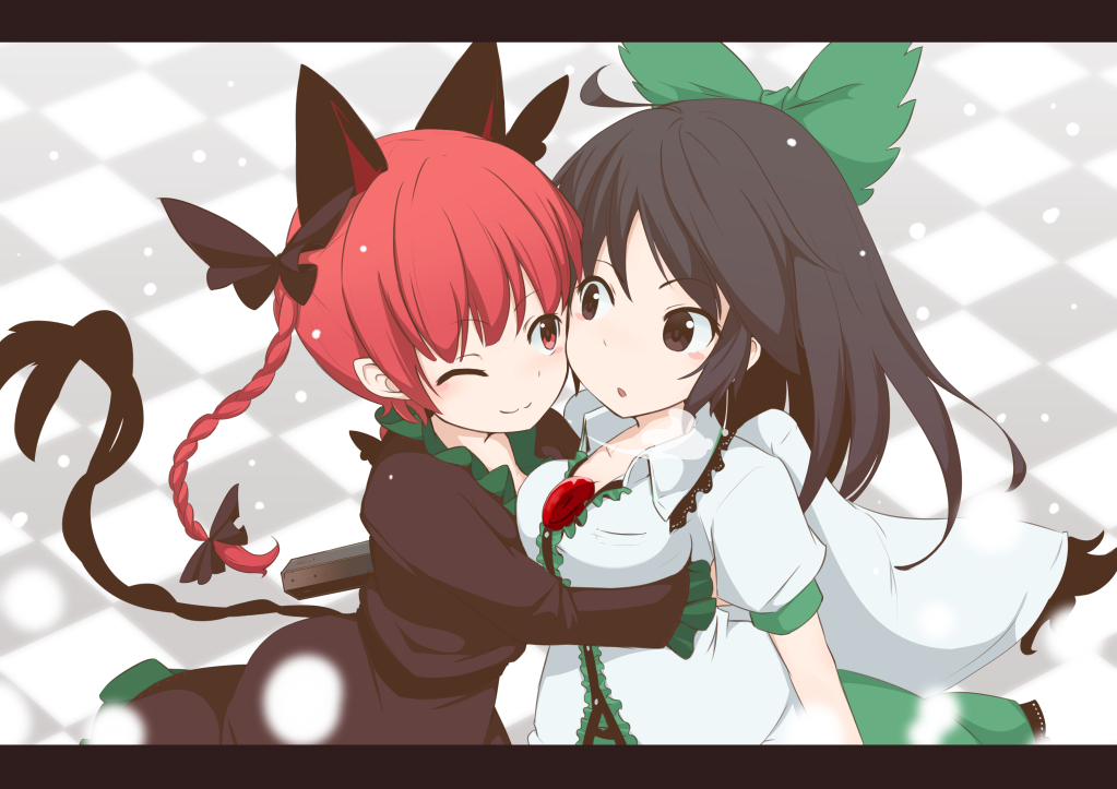 2girls, :3, :o, ahoge, animal_ears, arm_cannon, black_dress, black_hair