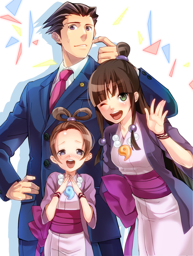 1boy, 2girls, ayasato_harumi, ayasato_mayoi, black_hair, blue_eyes, blush, brown_hair