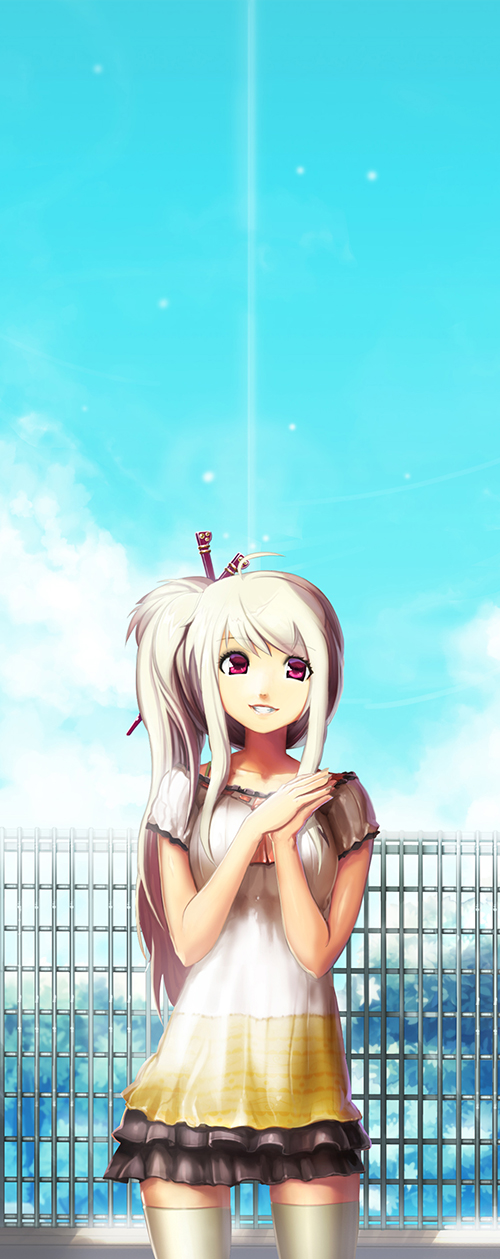 1girl, clouds, cowboy_shot, fence, hair_ornament, hair_stick, hands_together, highres
