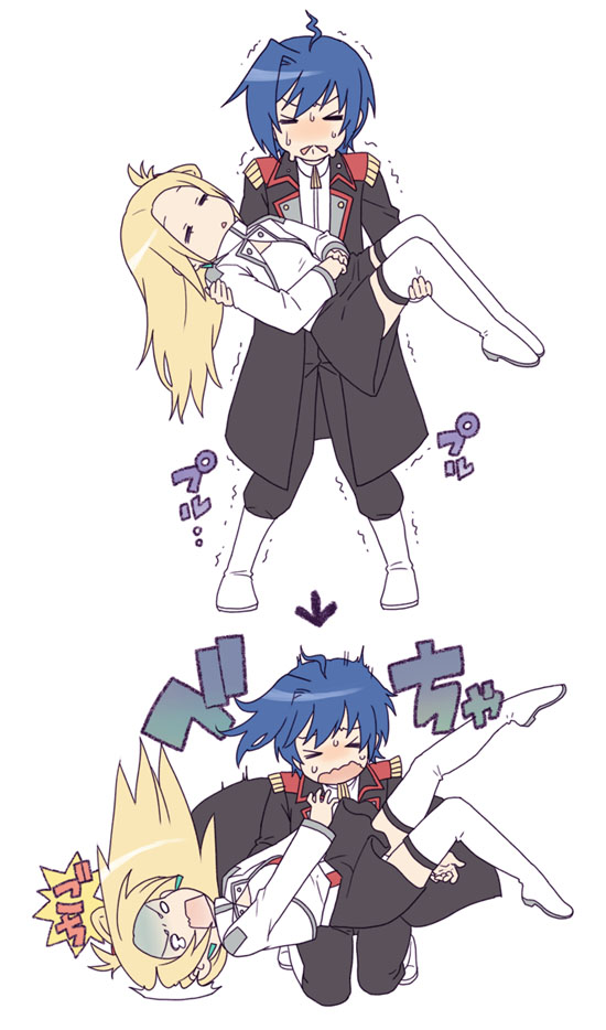 >_<, 1boy, 1girl, ahoge, blonde_hair, blue_eyes, blue_hair, boots