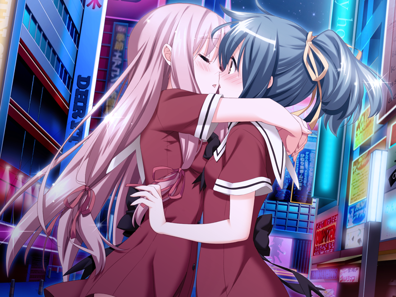 2girls, arms_around_neck, blush, couple, game_cg, green_hair, hair_ribbon, hug, incipient_kiss, long_hair, multiple_girls, peko, pink_hair, ponytail, ribbon, shinozaki_rikka, shiny, shirakawa_sayuki, sono_hanabira_ni_kuchizuke_wo, surprised, yuri