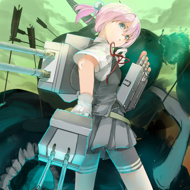 arrow, blue_eyes, gloves, itobek, kantai_collection, looking_back, pink_hair, ponytail