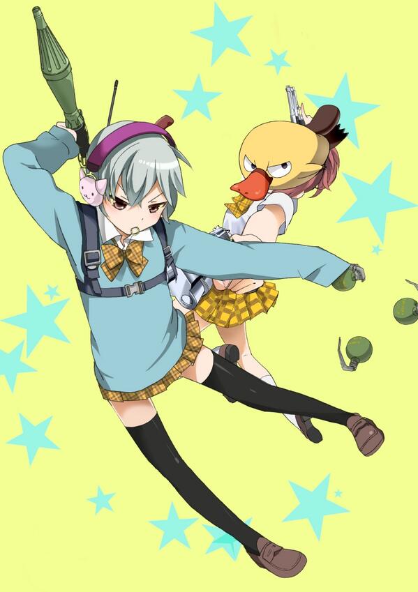 2girls, blue_hair, bow, brown_eyes, explosive, flat_chest, goutokuji_kayo, grenade