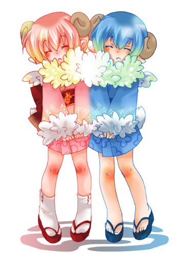 blue_hair, blush, hitsujimimi, horns, kimono, pink_hair, sheepgirl, short_hair