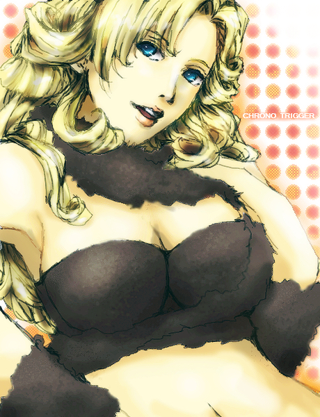 blonde_hair, blue_eyes, blue_hair, breasts, chrono_trigger, cleavage, curly_hair, himasen