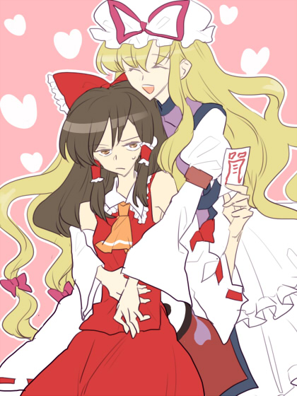 annoyed, bad_id, blonde_hair, bow, brown_hair, detached_sleeves, hakurei_reimu, hat