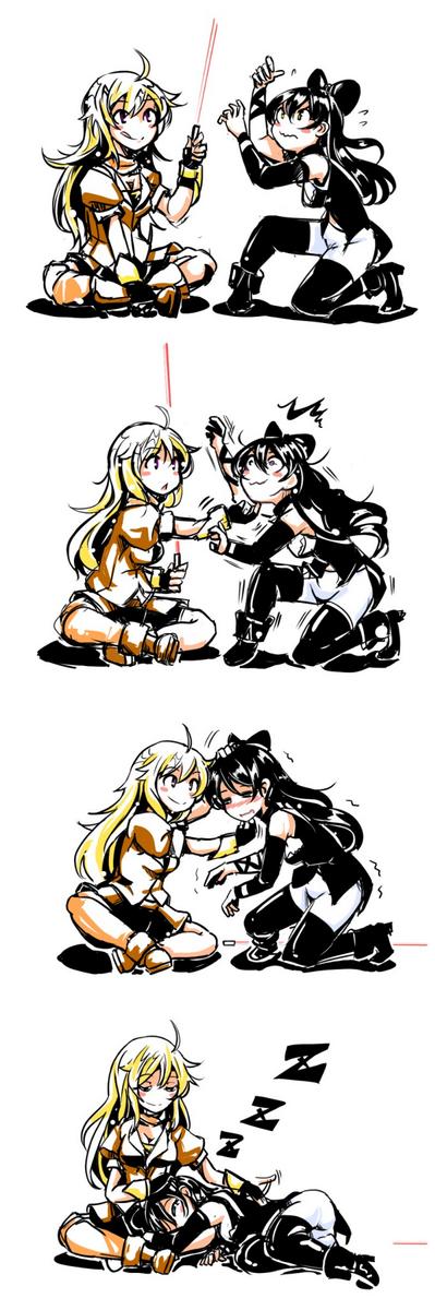 artist_request, black_hair, blake_belladonna, blonde_hair, boots, bow, breasts, gauntlets